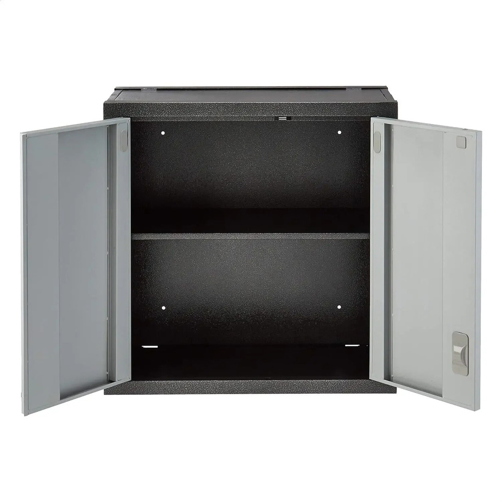 Open cabinet showing interior with two shelves